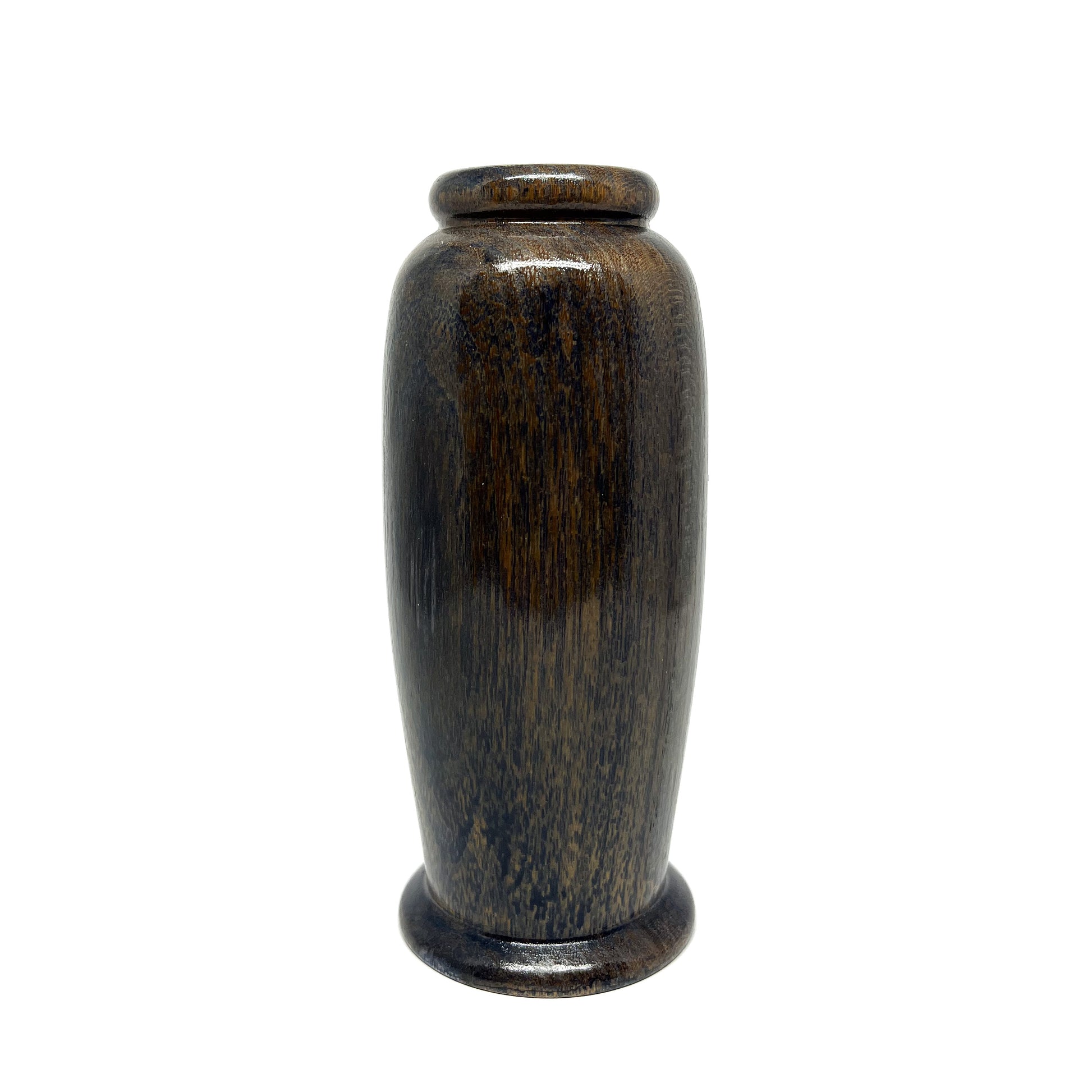 Small, polished wooden urn with a dark brown finish and subtle vertical grain.
