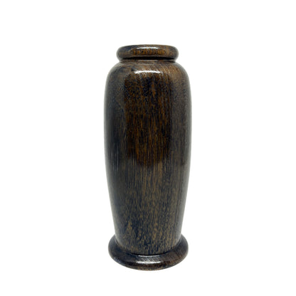 Small, polished wooden urn with a dark brown finish and subtle vertical grain.