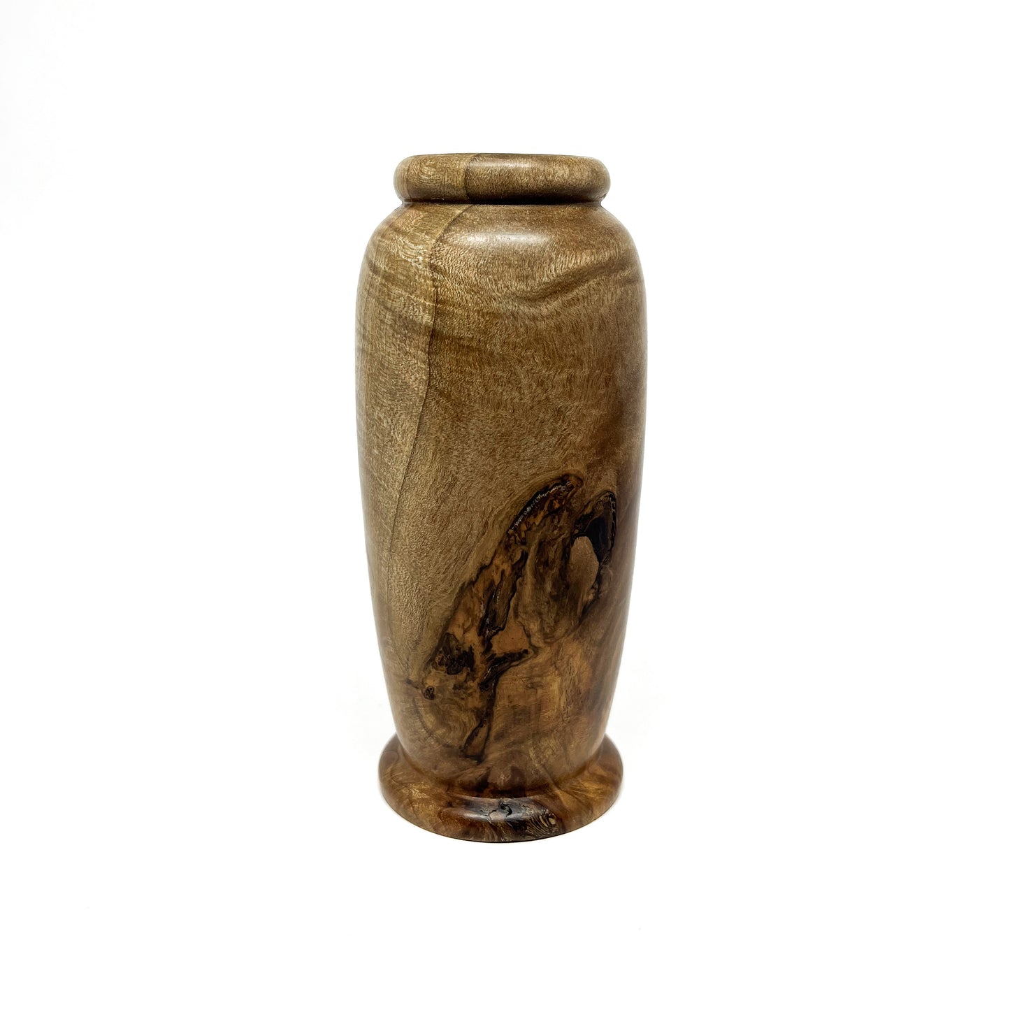 Small wooden vase with a unique, swirling wood grain pattern and a slightly rounded base and top.