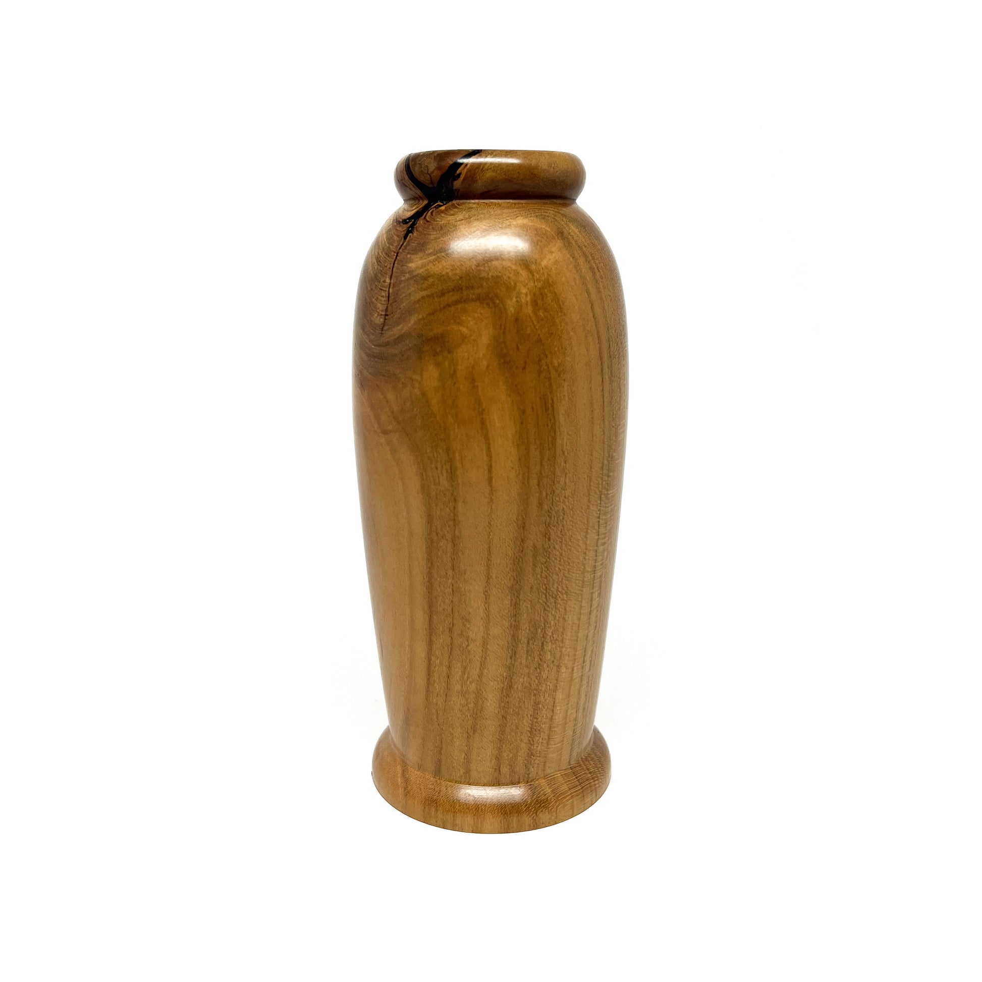 Small, smooth wooden vase with natural wood grain and a slightly rounded base and top.