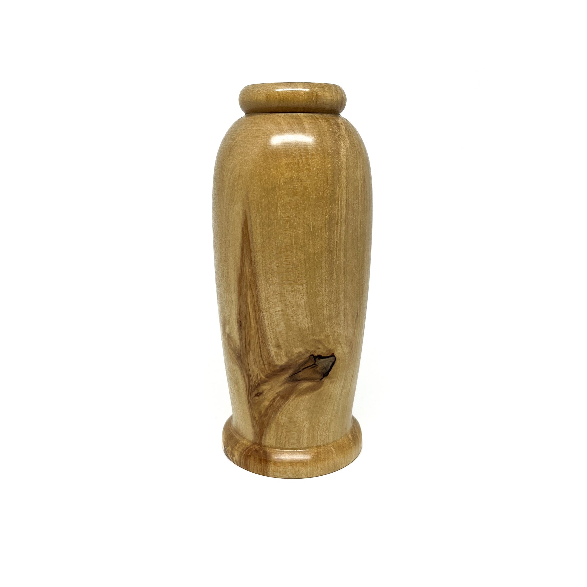 Small, smooth wooden vase with subtle natural wood grain and a slightly rounded base and top.