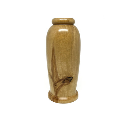 Small, smooth wooden vase with subtle natural wood grain and a slightly rounded base and top.