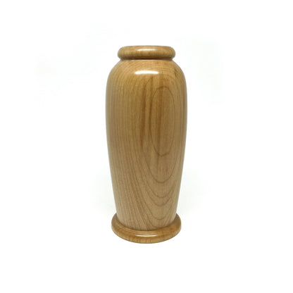 Small, smooth wooden urn with a simple, elegant form and subtle vertical wood grain.