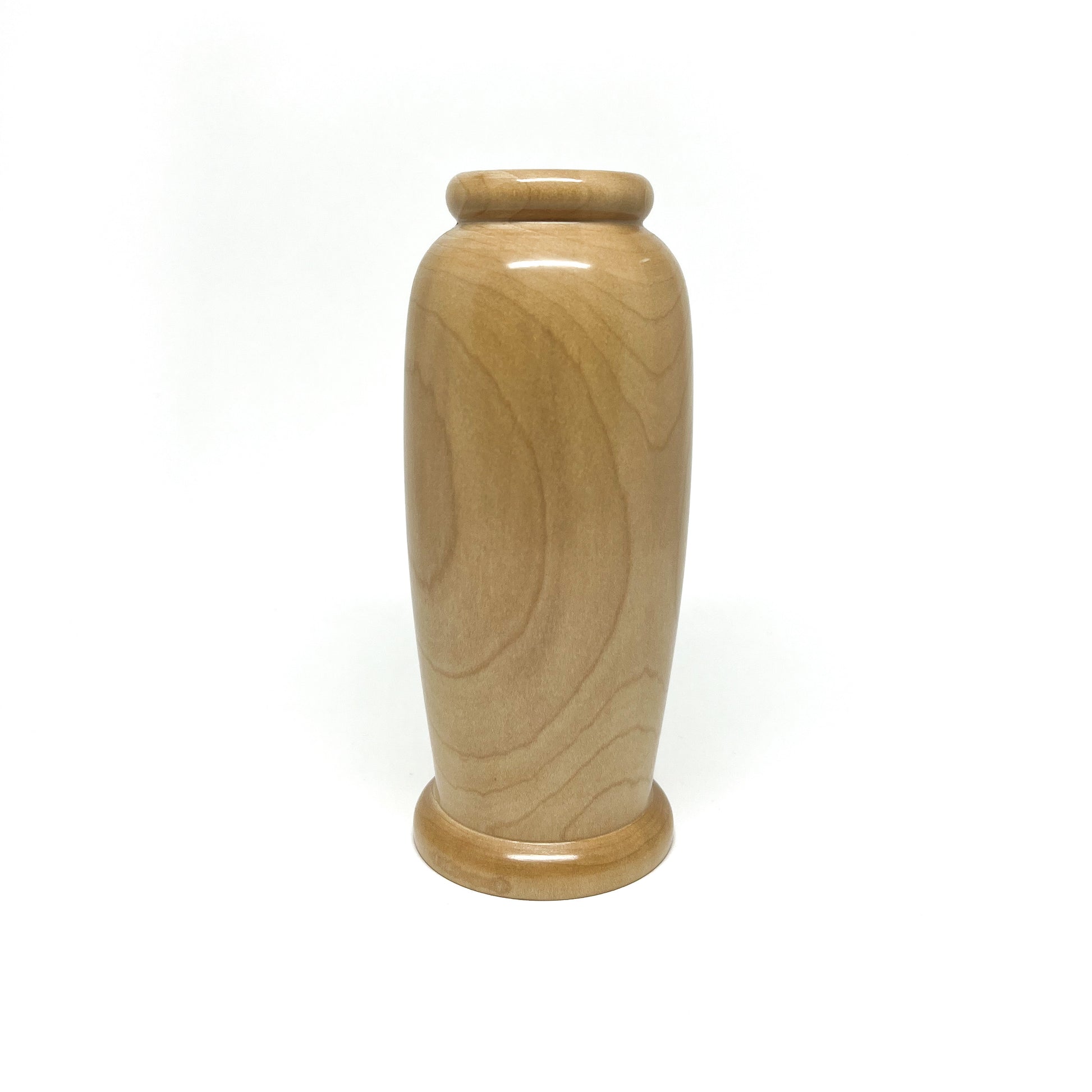 Small, polished wooden vase handmade from natural hardwood with a simple, rounded form.