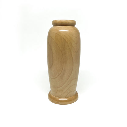 Small, polished wooden vase handmade from natural hardwood with a simple, rounded form.