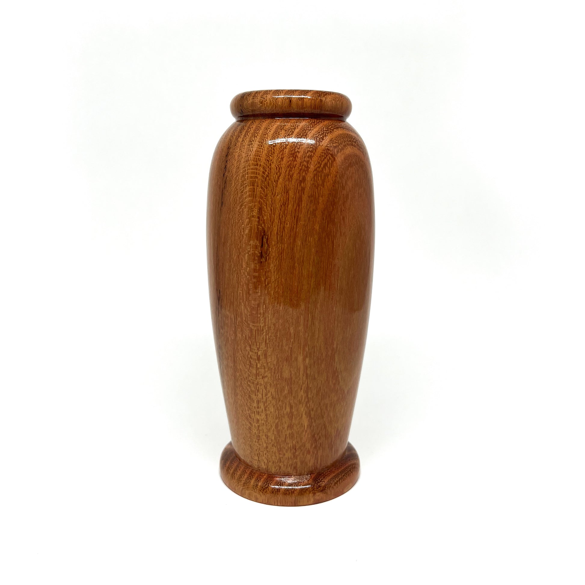 Small, polished vintage myrtlewood vase with a rounded form and distinct, rich wood grain.