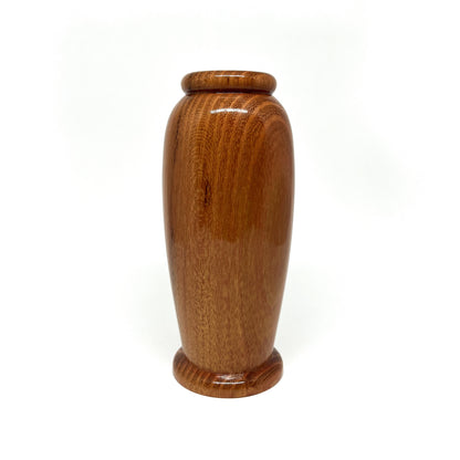Small, polished vintage myrtlewood vase with a rounded form and distinct, rich wood grain.
