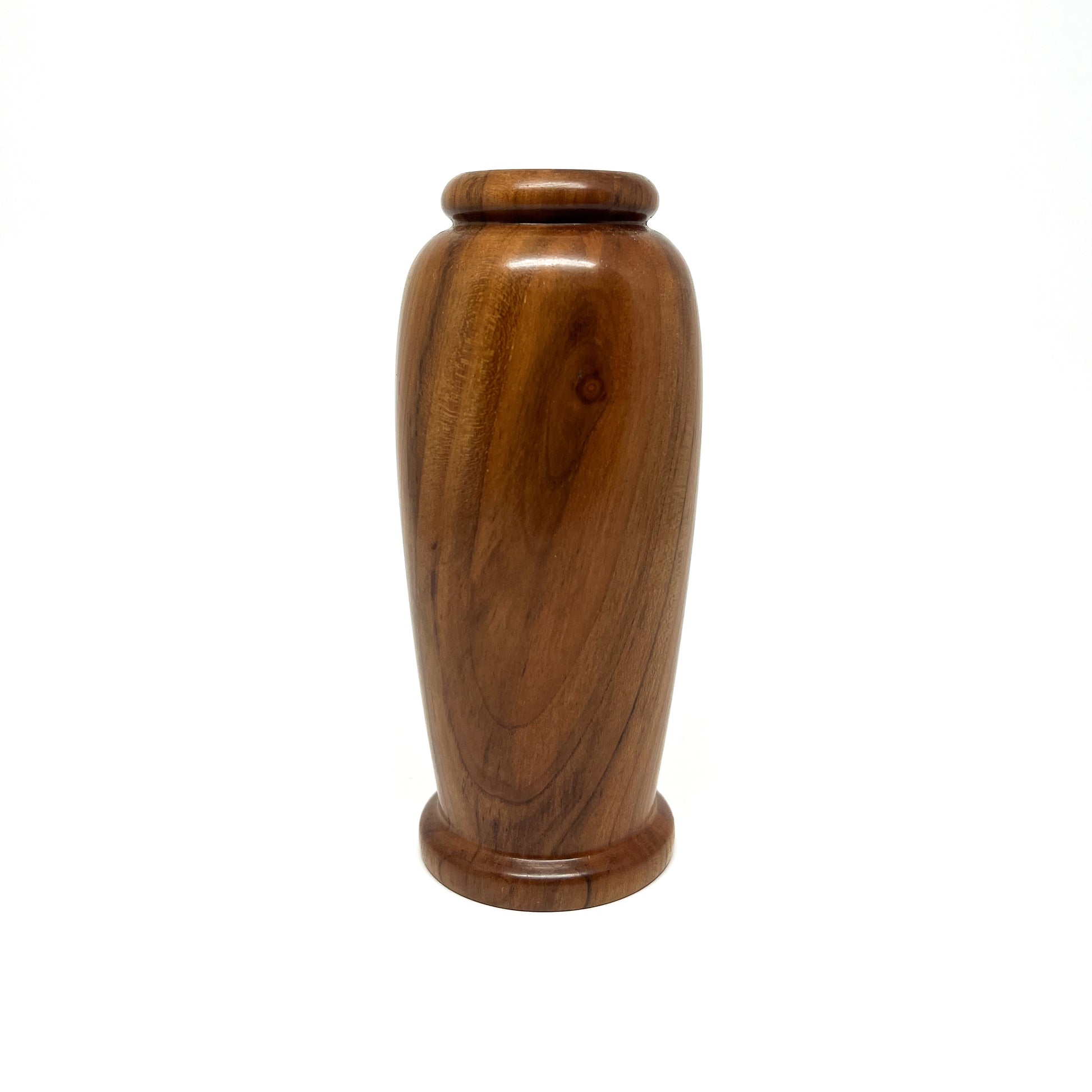 Small, polished wooden vase with a rounded form and swirling natural wood grain.