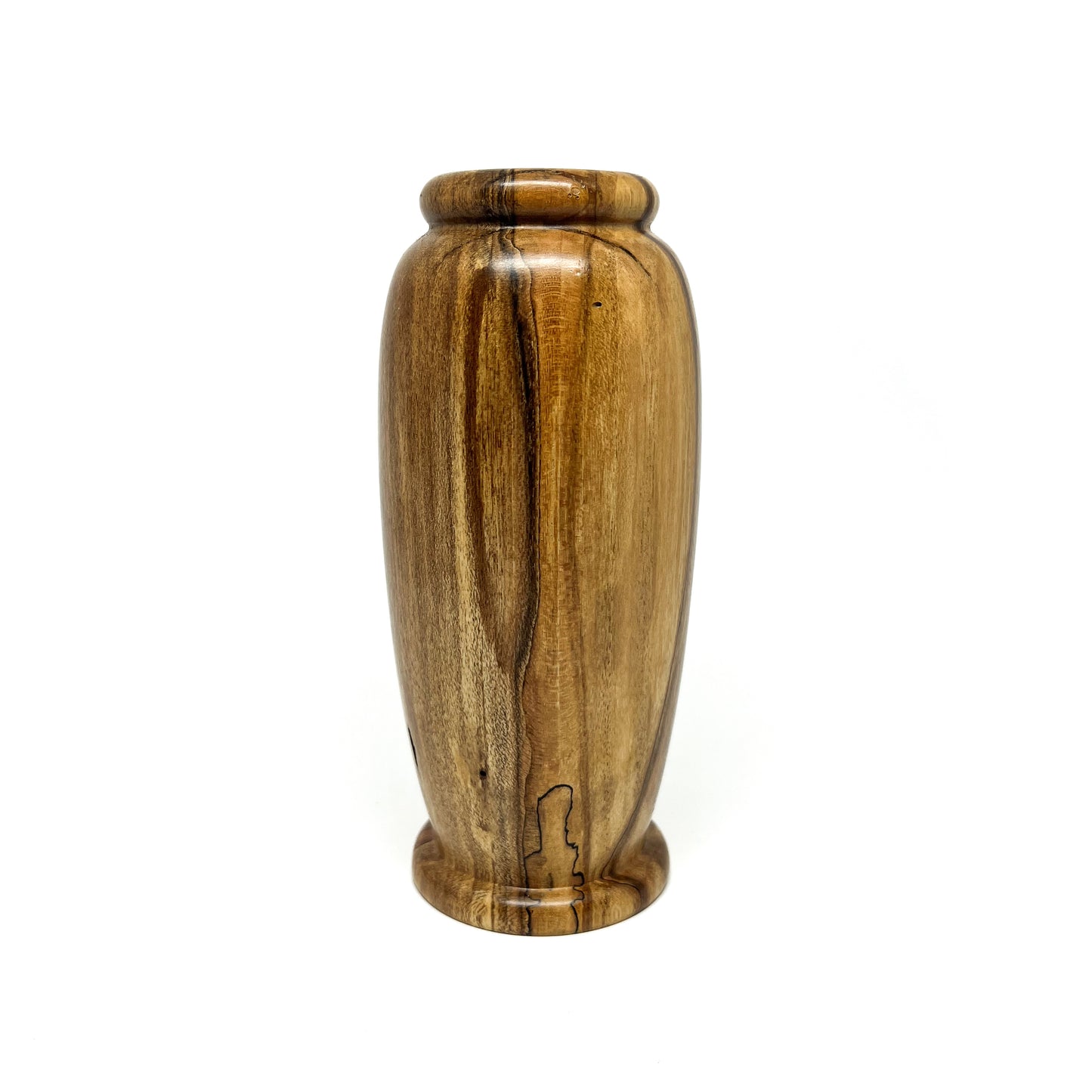 Tall, slender wooden vase with natural wood grain patterns and a slightly flared base and rim.
