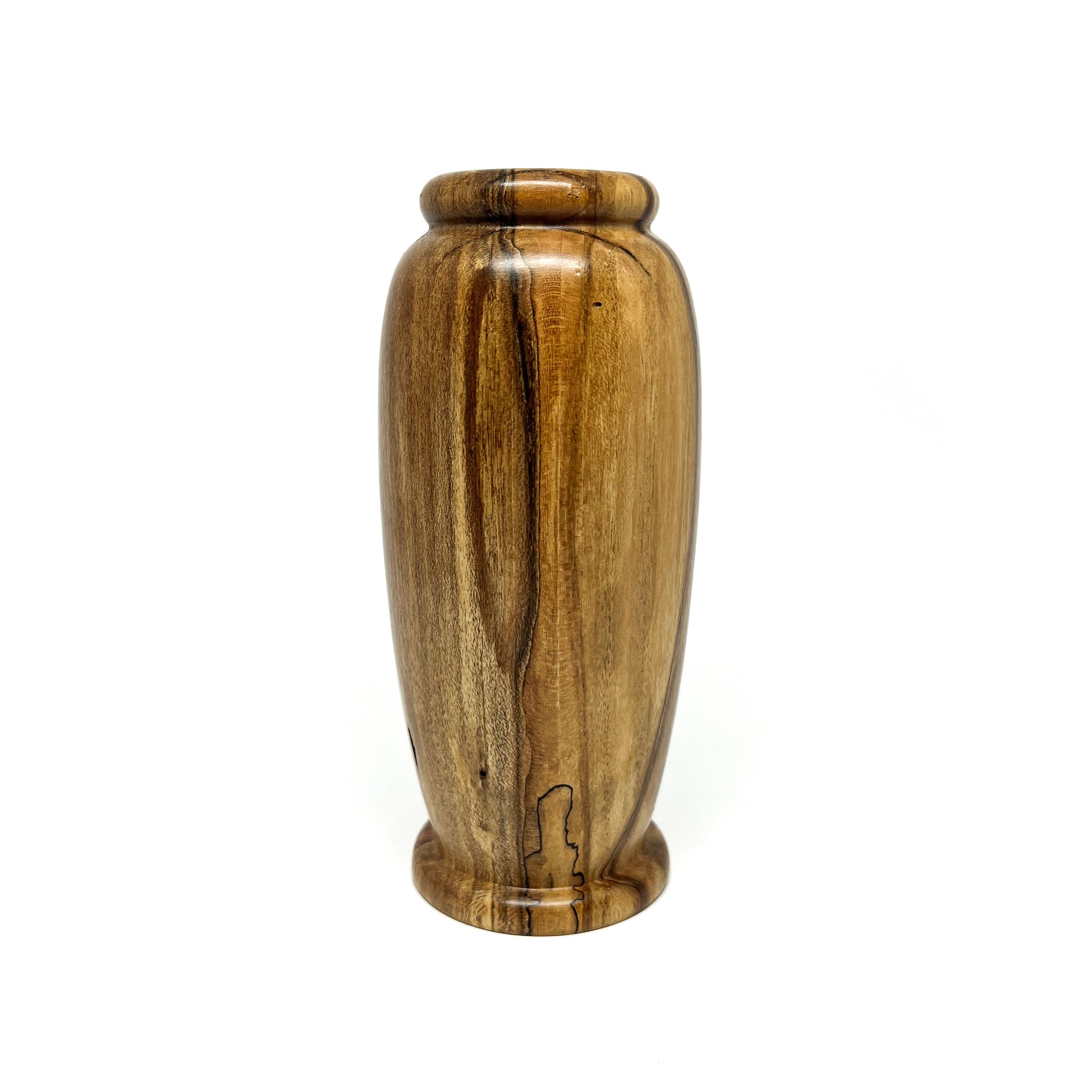 Tall, slender wooden vase with natural wood grain patterns and a slightly flared base and rim.