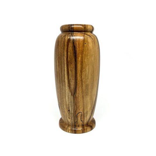 Tall, slender wooden vase with natural wood grain patterns and a slightly flared base and rim.