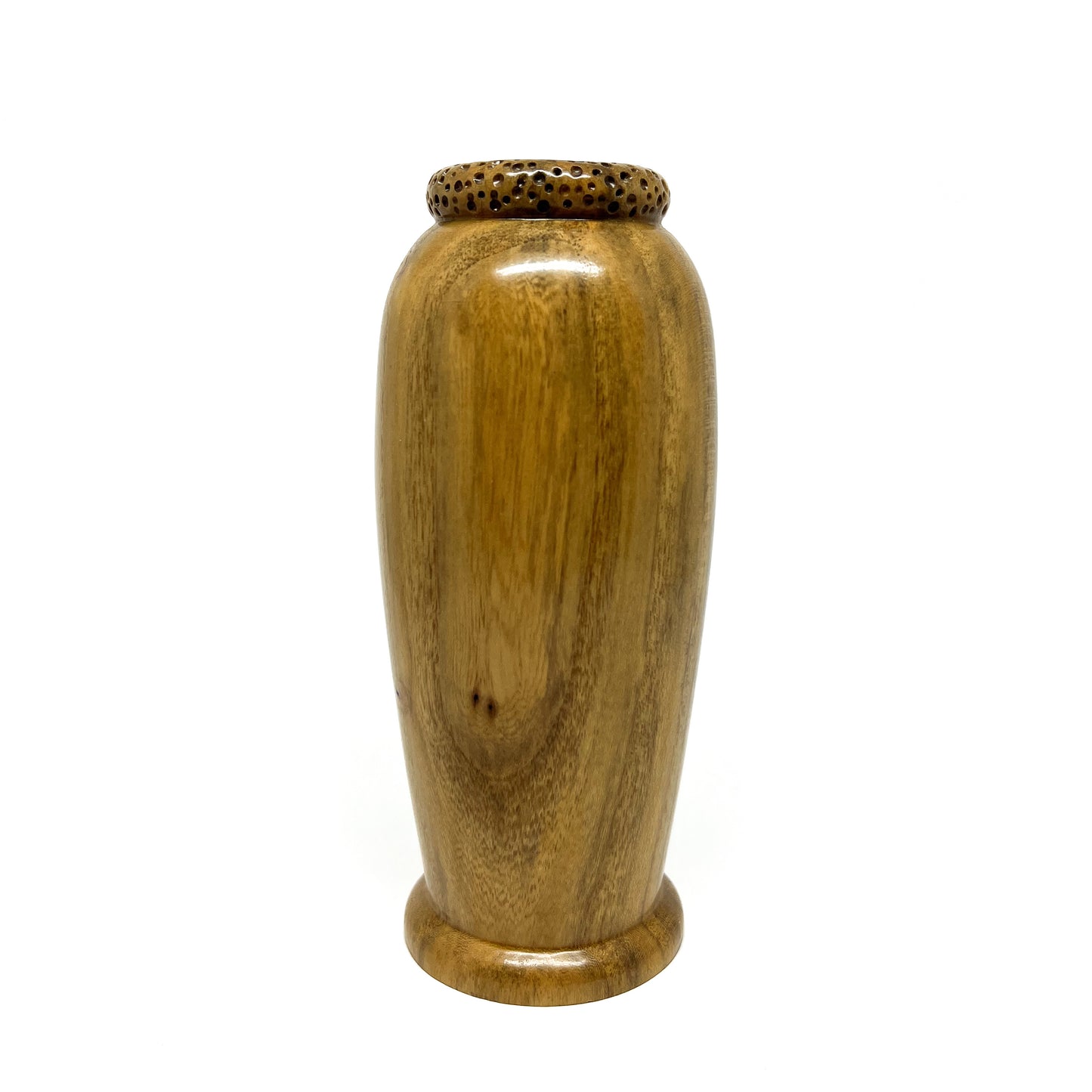 Small wooden vase with a smooth body and a textured, perforated rim.