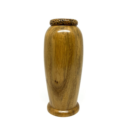 Small wooden vase with a smooth body and a textured, perforated rim.