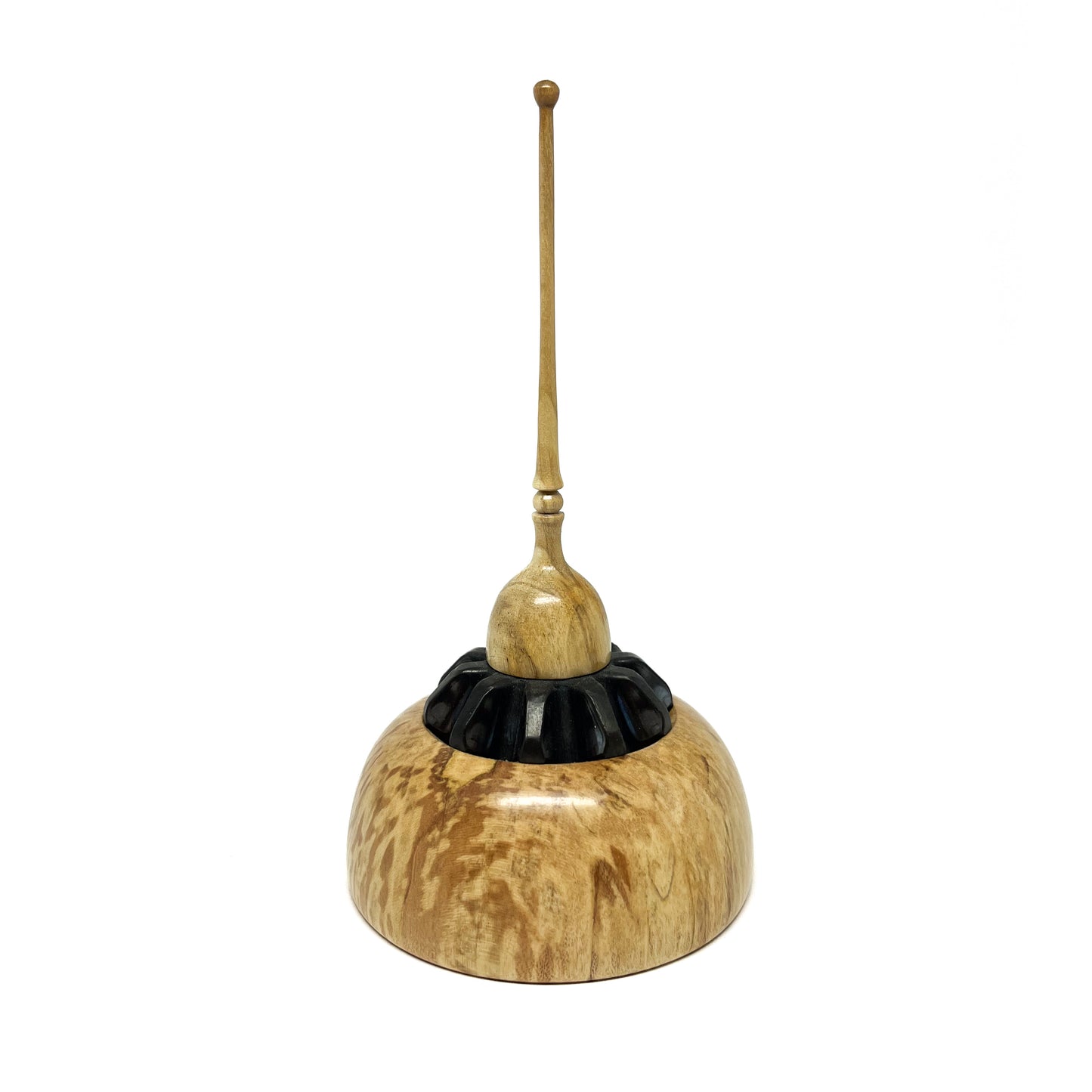 Small wood spire sculpture by David Adolph with a textured black ring and a slender, topped spire.