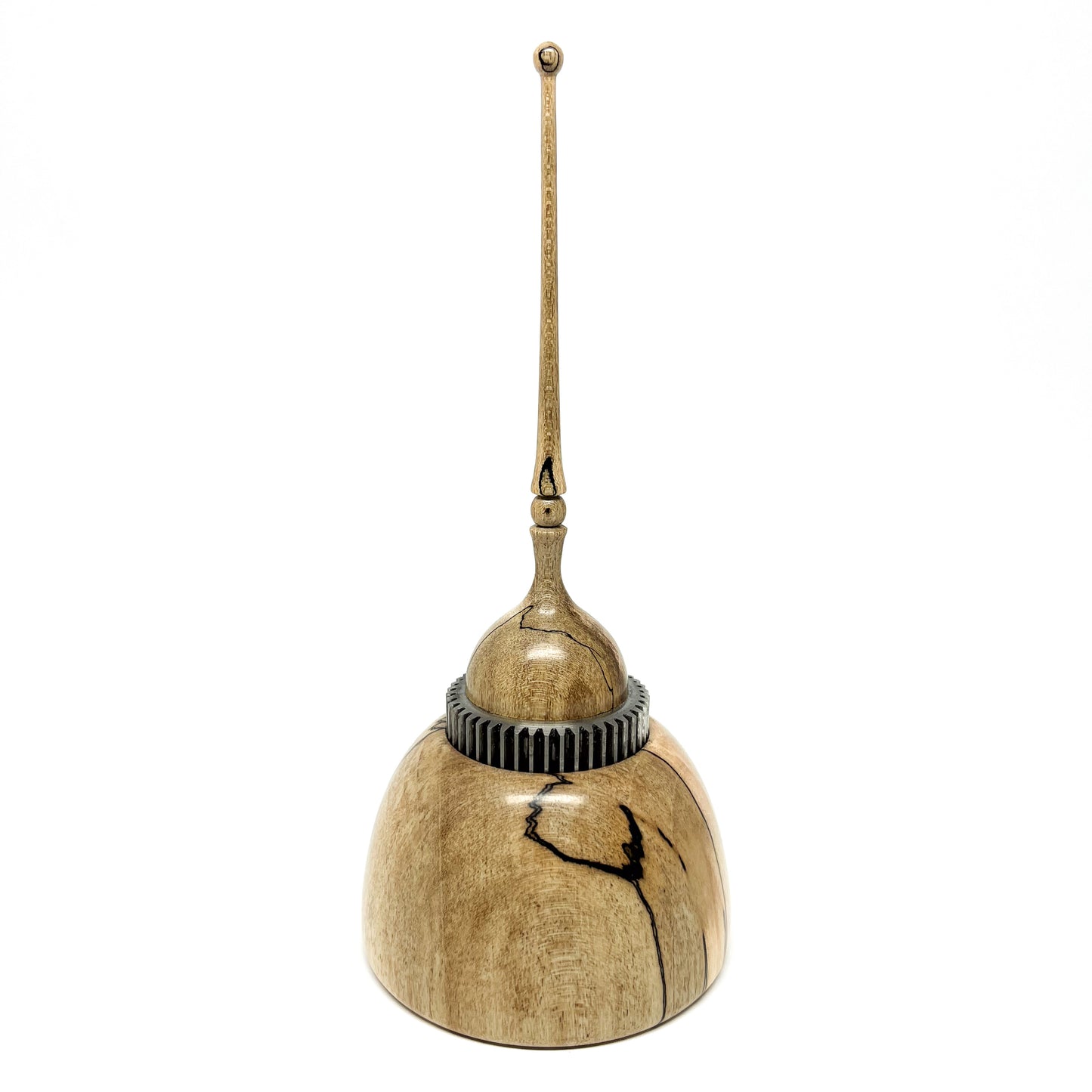 Small Wood Spire Sculpture by David Adolph with a textured ring and a tall, slender, topped spire.