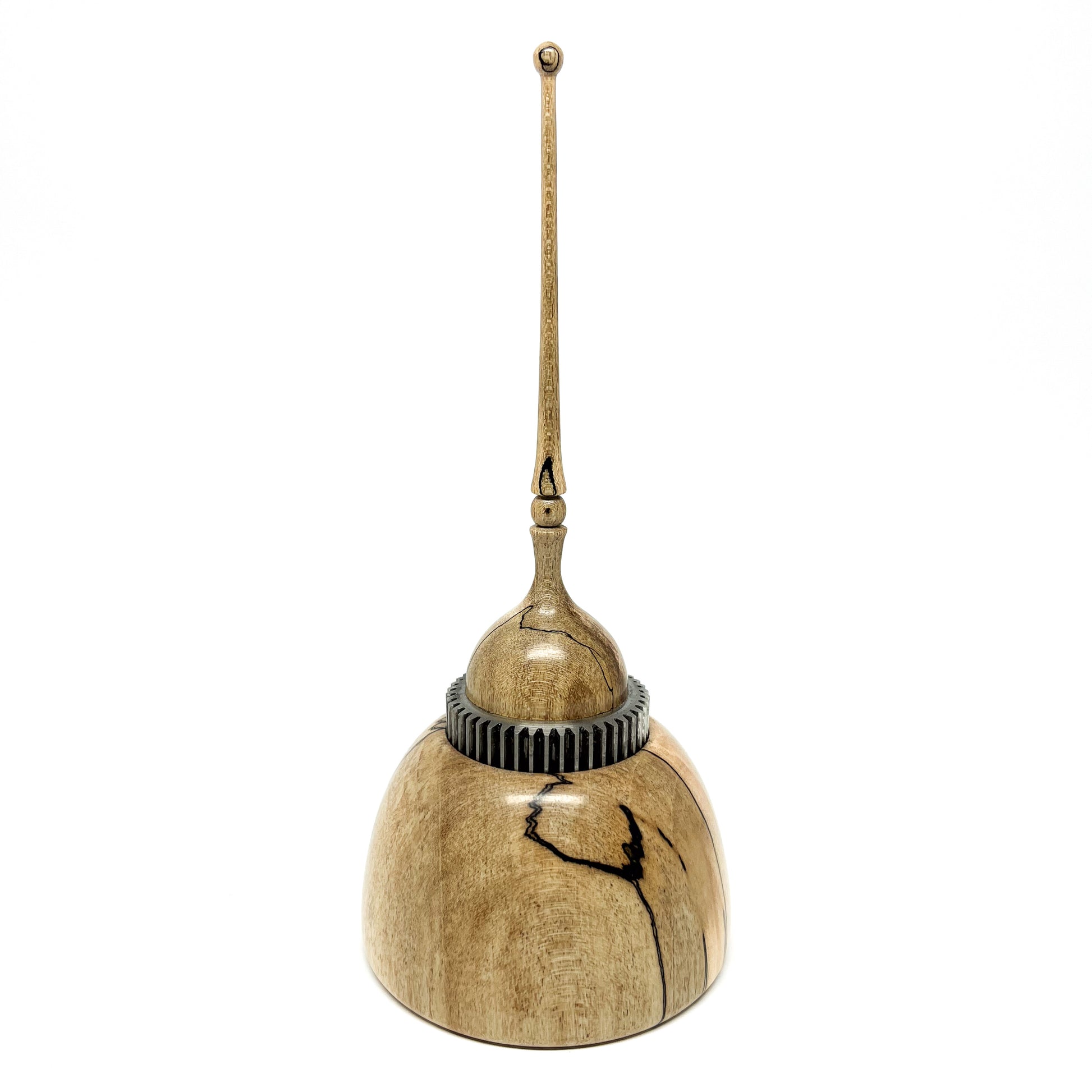 Small Wood Spire Sculpture by David Adolph with a textured ring and a tall, slender, topped spire.