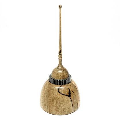 Small Wood Spire Sculpture by David Adolph with a textured ring and a tall, slender, topped spire.