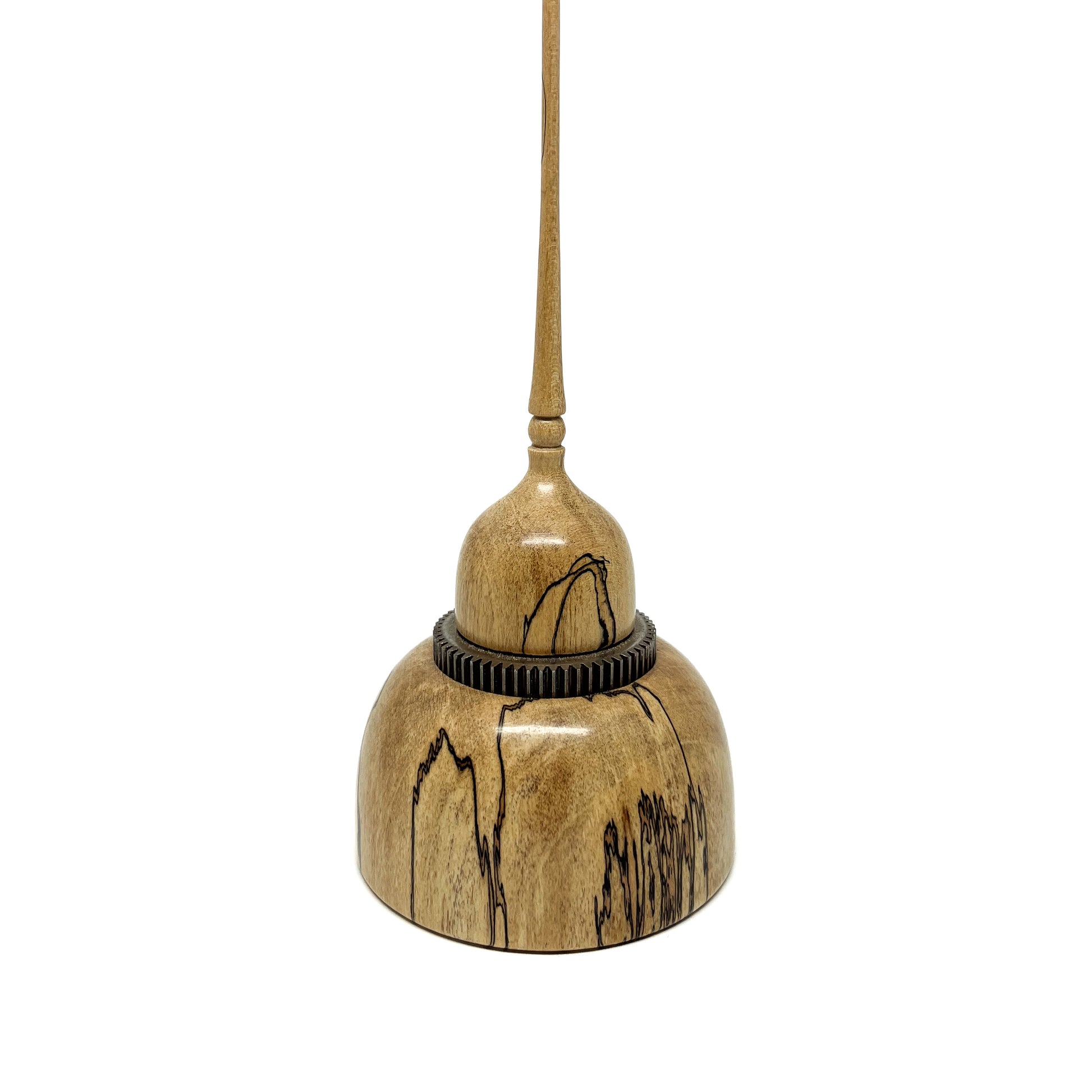 Small Wood Spire Sculpture by David Adolph with a dark textured ring and a tall, slender, topped spire.