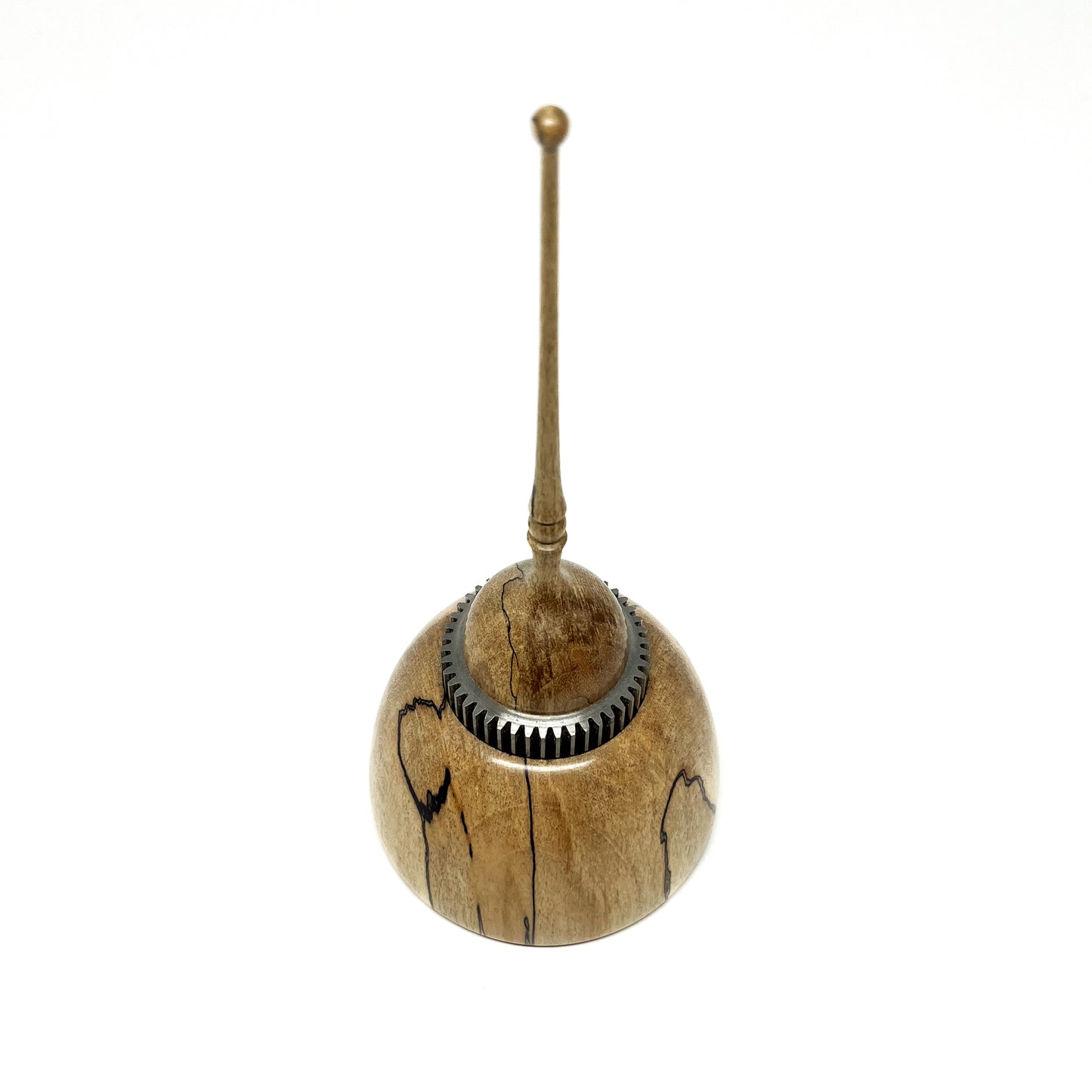 Small Wood Spire Sculpture by David Adolph with a textured metal ring and a slender, topped spire.