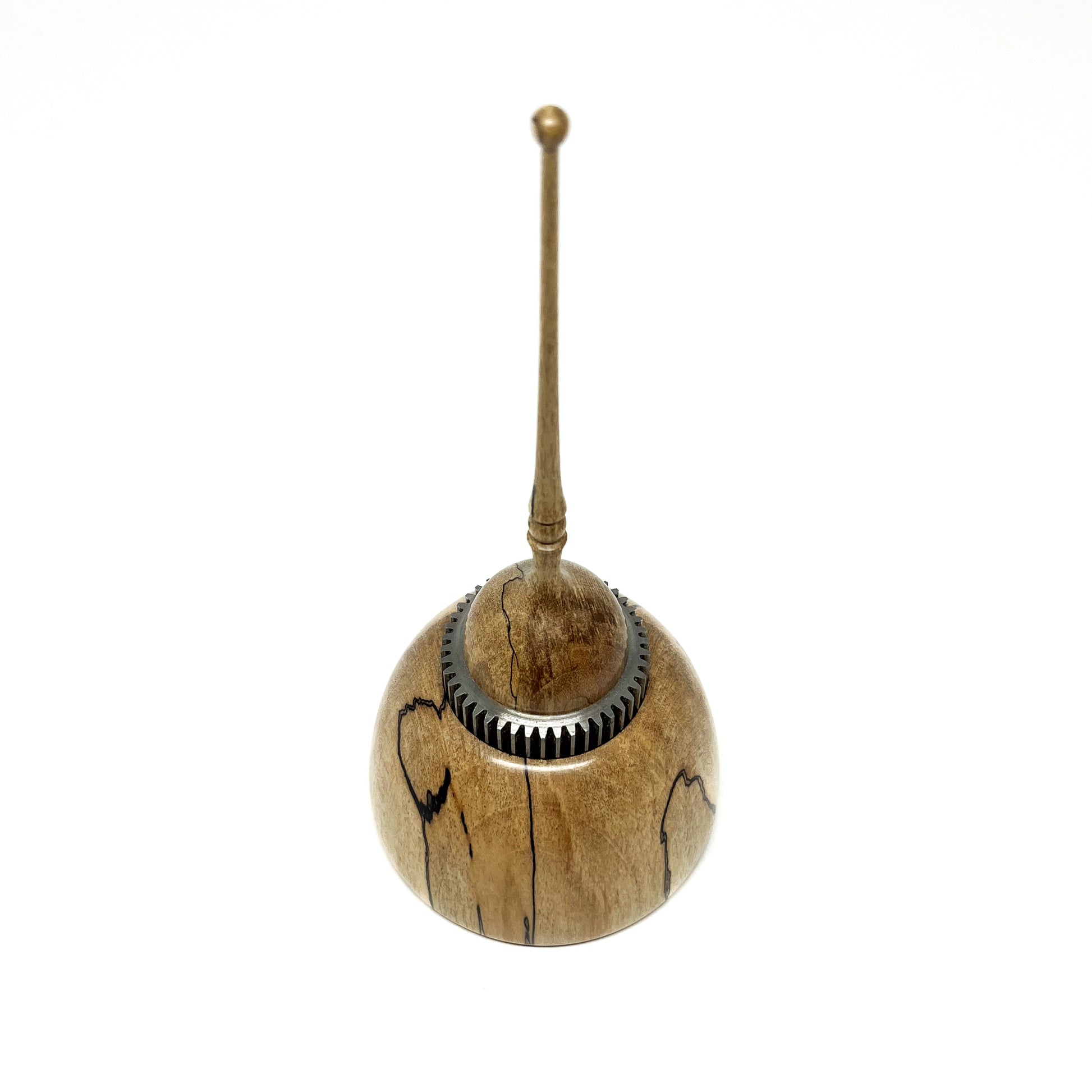 Small Wood Spire Sculpture by David Adolph with a textured metal ring and a slender, topped spire.