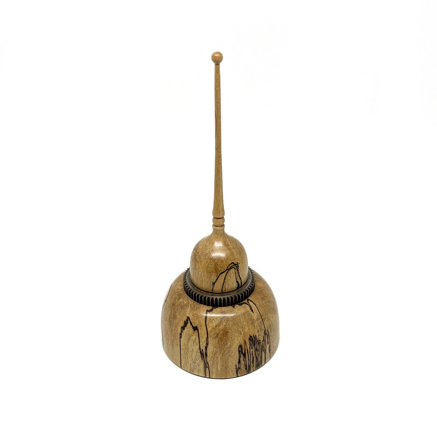 Small wood spire sculpture by David Adolph, featuring unique spalted maple wood and a textured dark ring.