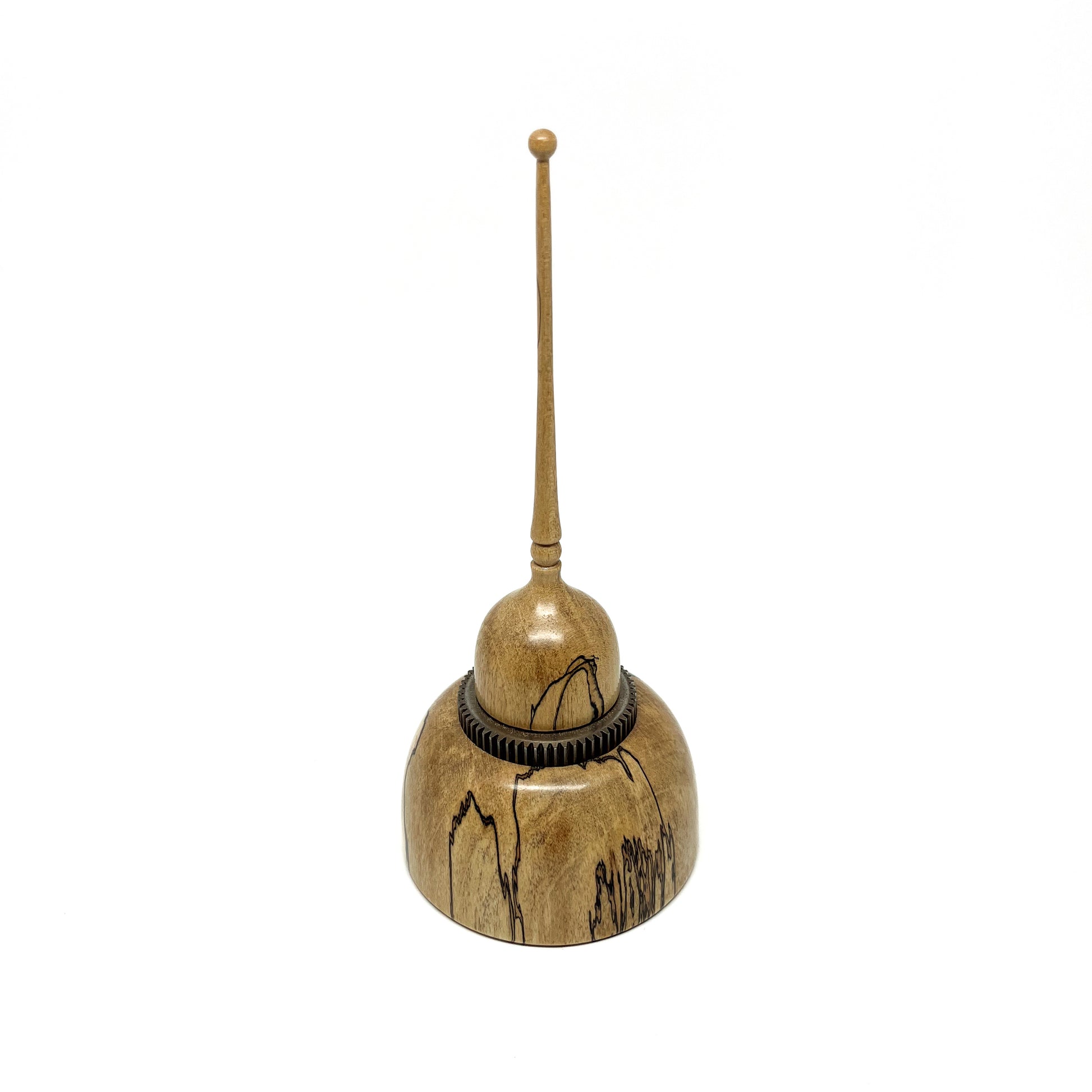 Small wood spire sculpture by David Adolph, featuring unique spalted maple wood and a textured dark ring.