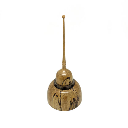 Small wood spire sculpture by David Adolph, featuring unique spalted maple wood and a textured dark ring.