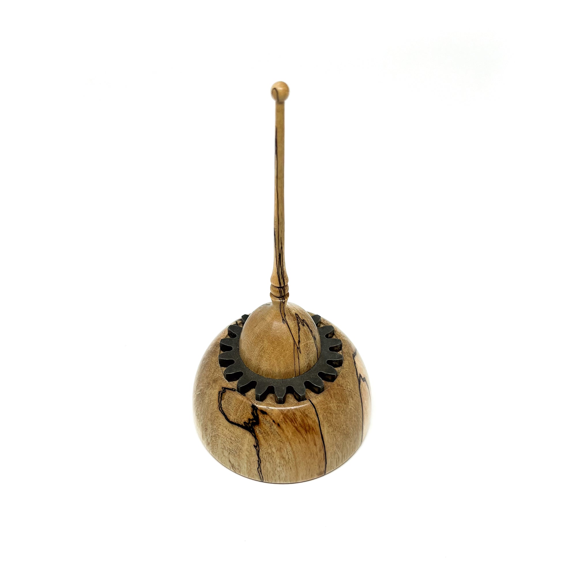 Small wood spire sculpture by David Adolph featuring spalted maple and a dark, cog-like ring.