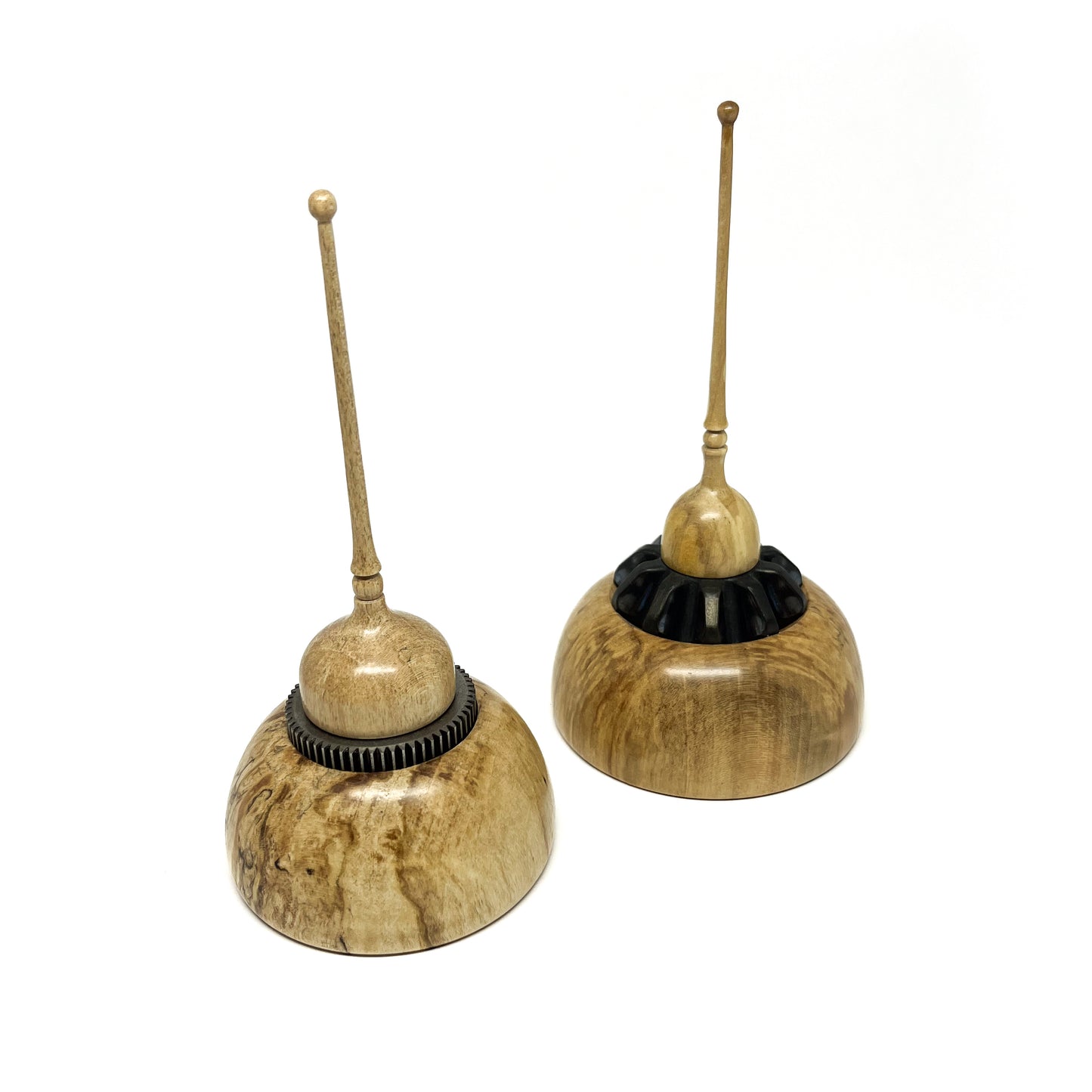 Two small wood spire sculptures by David Adolph with unique spalted maple and textured rings.