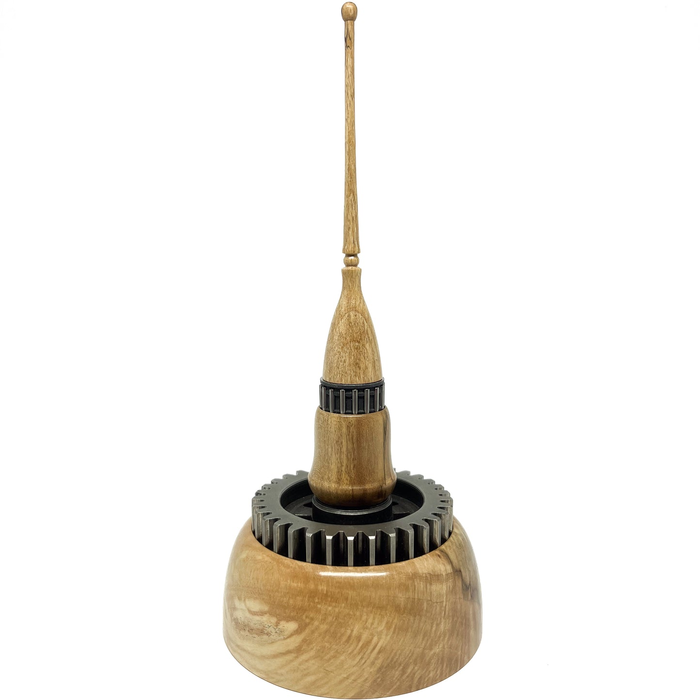 Stacked wood spire sculpture by David Adolph with two dark, textured rings and a tall, slender, topped spire.