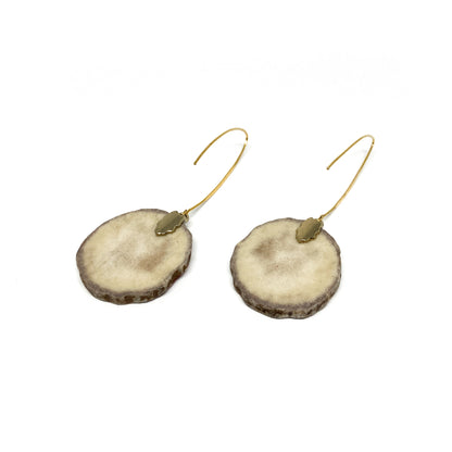 Two round earrings made from slices of antler, featuring gold caps and hooks.
