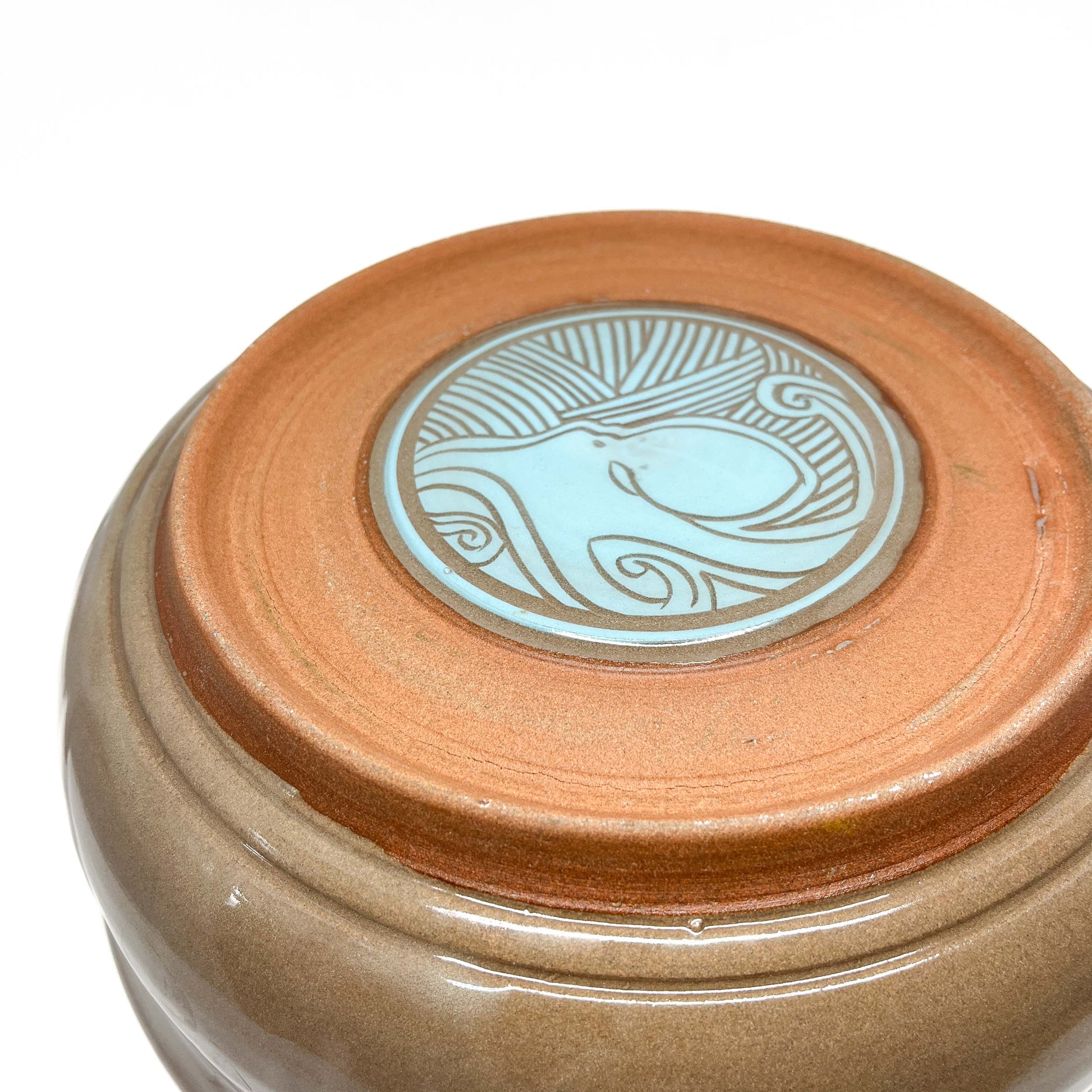 Front view of a ceramic bowl highlighting its rounded shape and glossy, subtly toned surface.