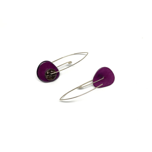 Two purple earrings with silver pins and round metal details on a white background.