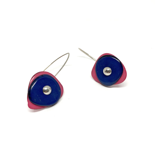 Two round earrings with pink and blue layers, silver center dots, and silver hooks.