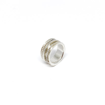 Sterling silver spinner ring with multiple textured and beaded spinning bands.