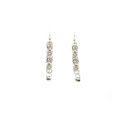 King Chain Dangle Earrings showing a long silver chainmail weave ending in a polished silver ball.
