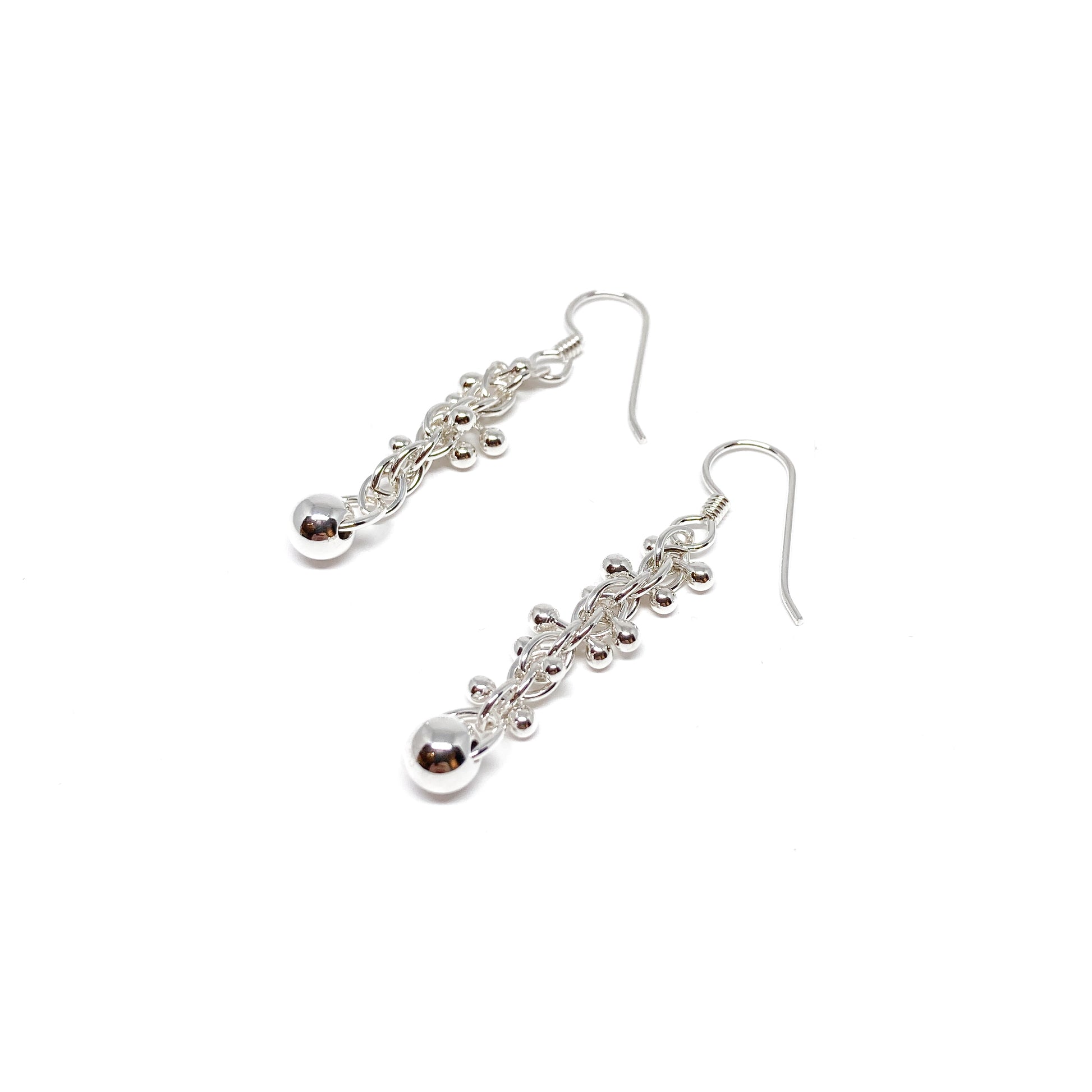 Baby Barbell Dangle Earrings with silver balls and chain links, featuring hook ear wires.