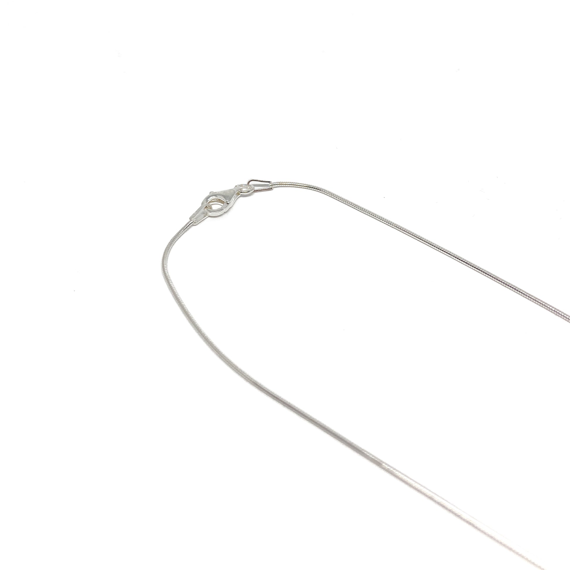 A close-up of a silver necklace clasp and chain. The delicate chain is thin and reflective.