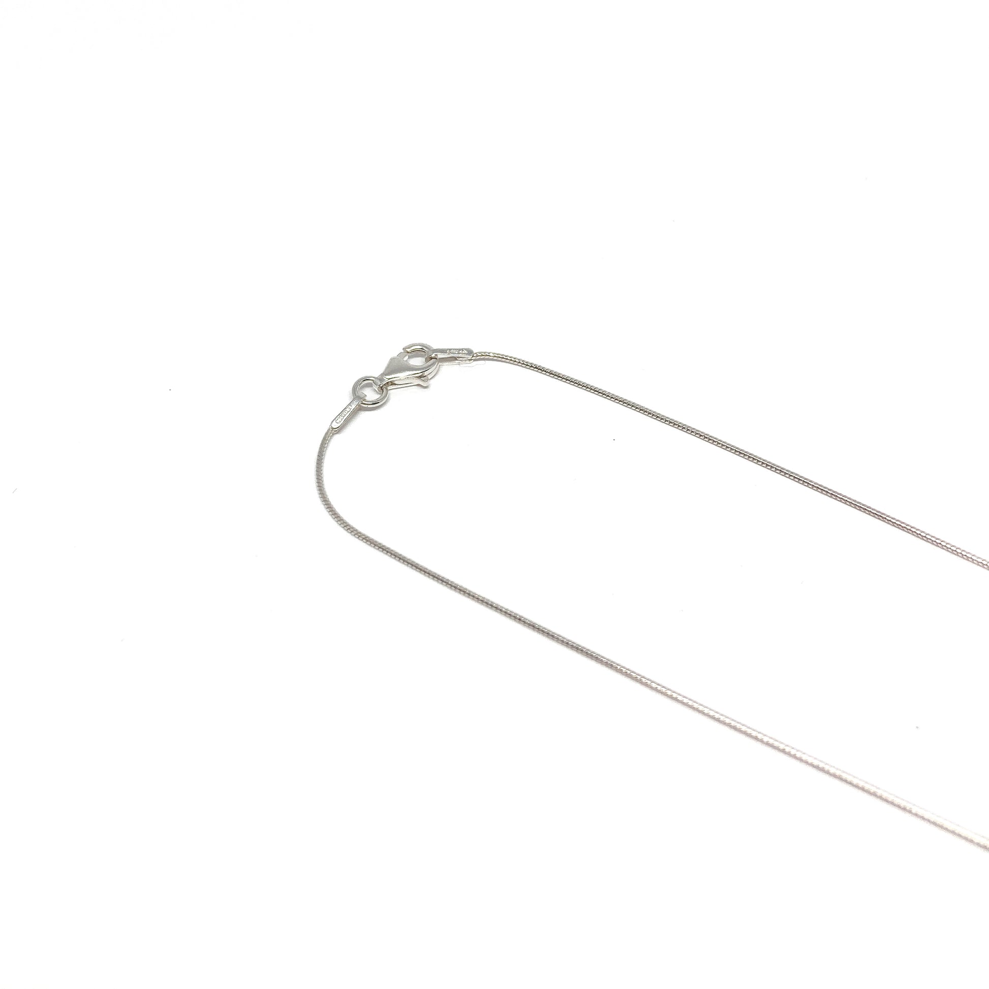 A close-up of a silver necklace clasp and chain. The delicate chain is thin and reflective.