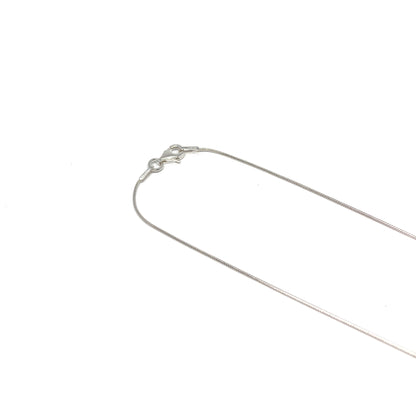 A close-up of a silver necklace clasp and chain. The delicate chain is thin and reflective.