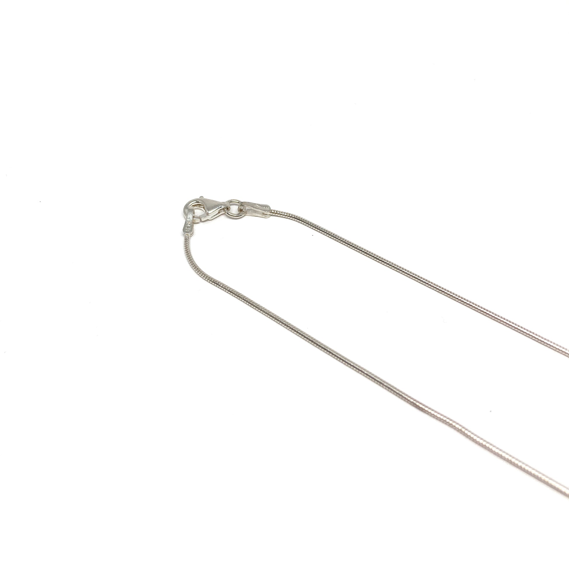 A close-up of a silver necklace clasp and chain. The delicate chain is thin and reflective.