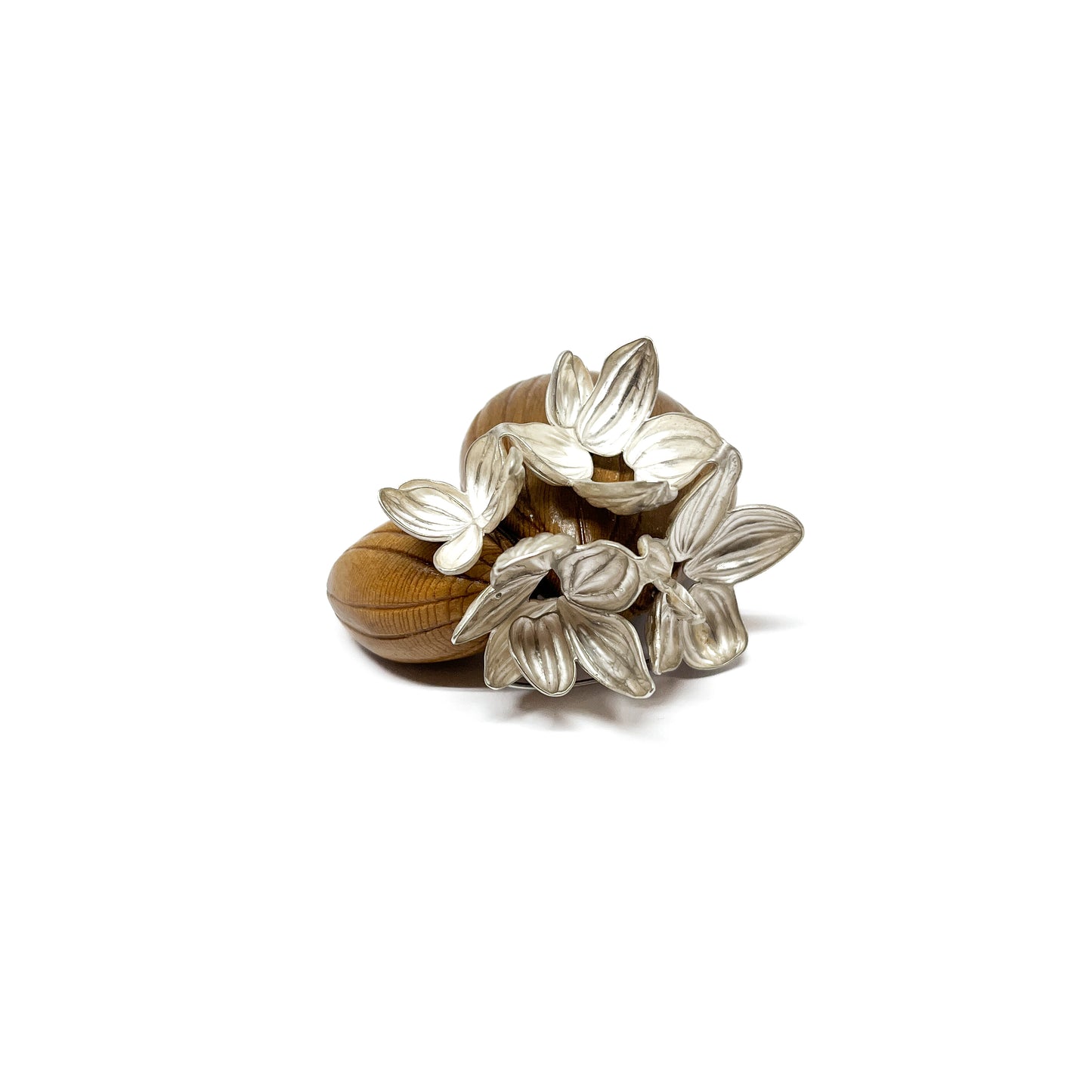 A textured silver brooch with stylized flowers and leaves emerging from two smooth, oval seed-like forms.