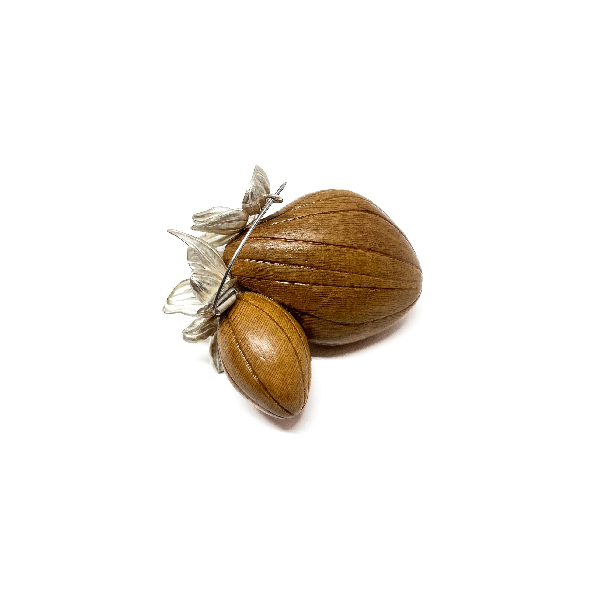 A textured silver brooch featuring stylized leaves and buds growing from two smooth, ribbed seed-like forms.