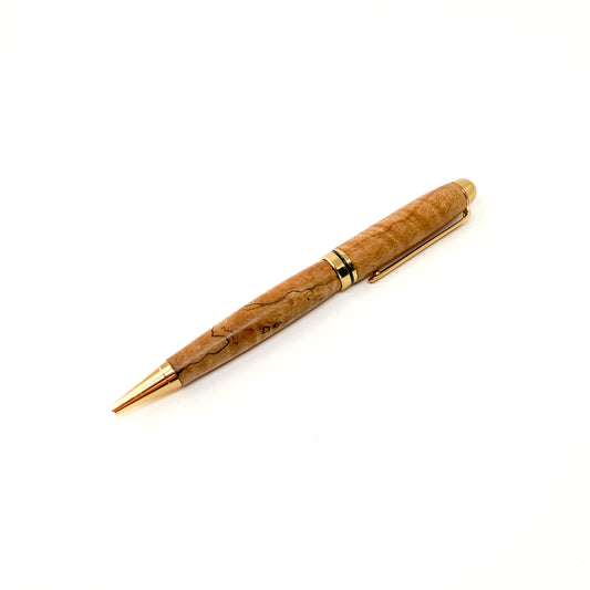Maple burl pen with gold trim, angled on white.
