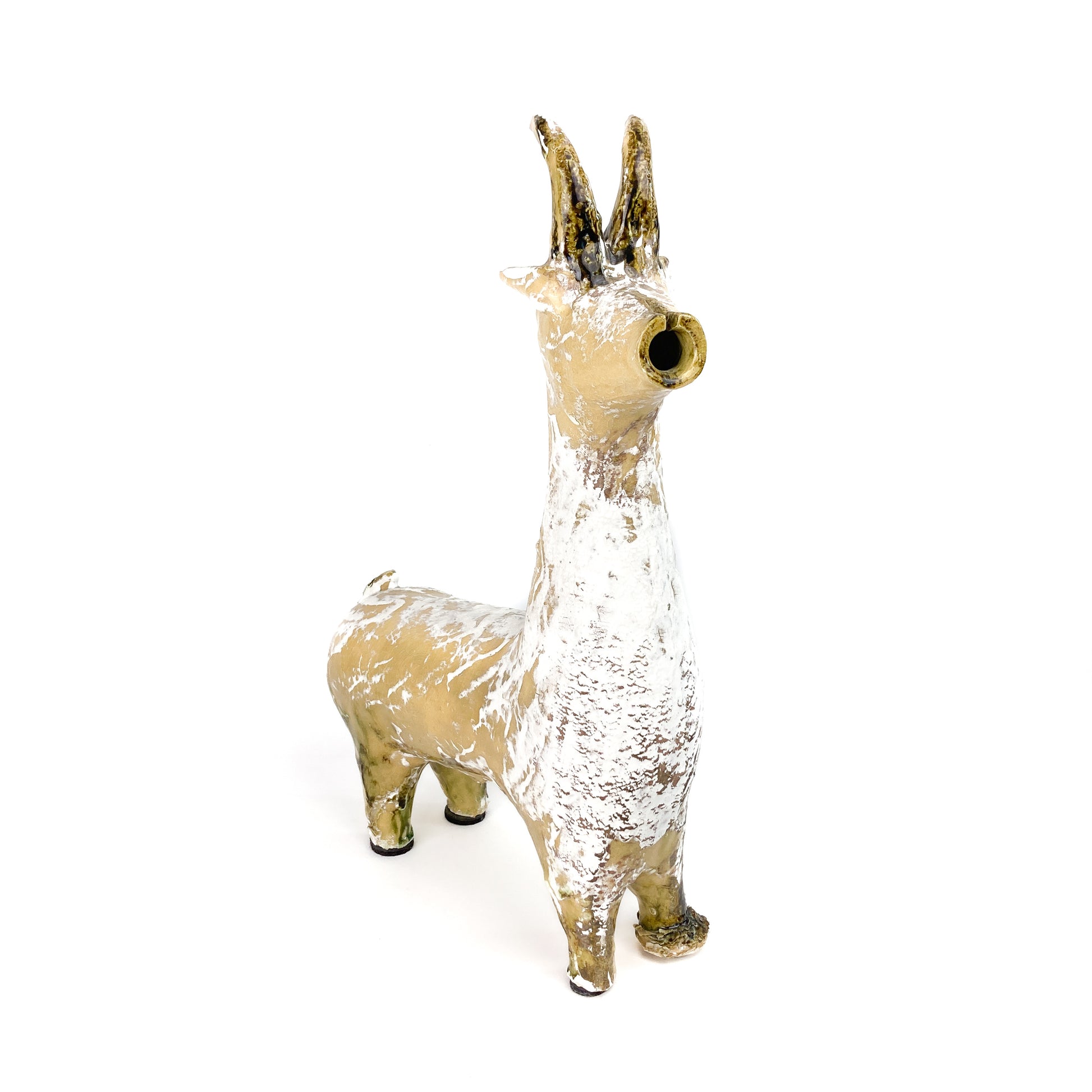 A textured ceramic Long Neck Bull sculpture with a long neck, tall curved horns, and a distressed light-toned glaze with white accents.