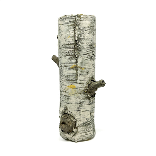 A cylindrical vase resembling birch bark with a textured surface and two protruding branch-like details.