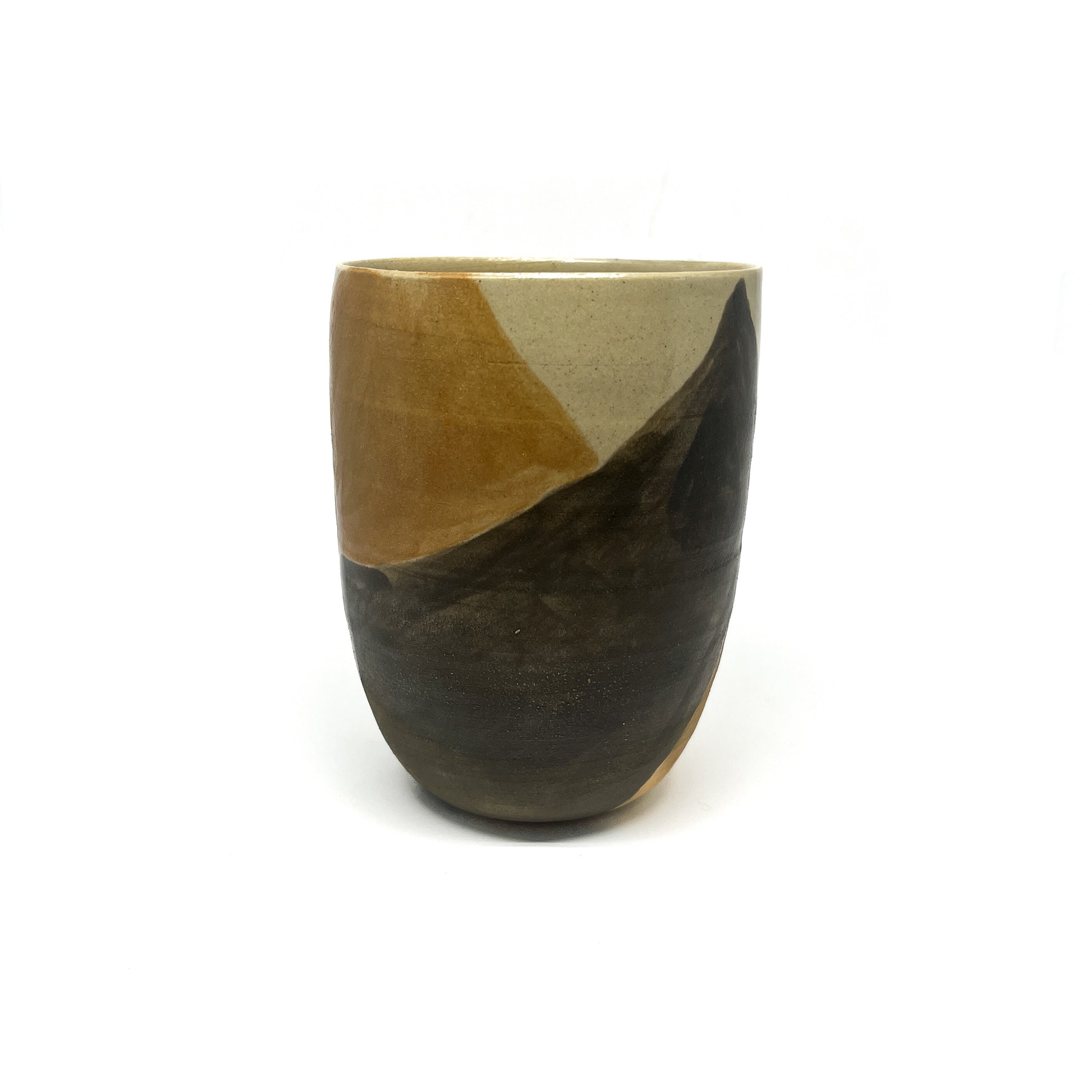 Unglazed Bizen ware vase with naturally fired patterns creating earthy, abstract designs.