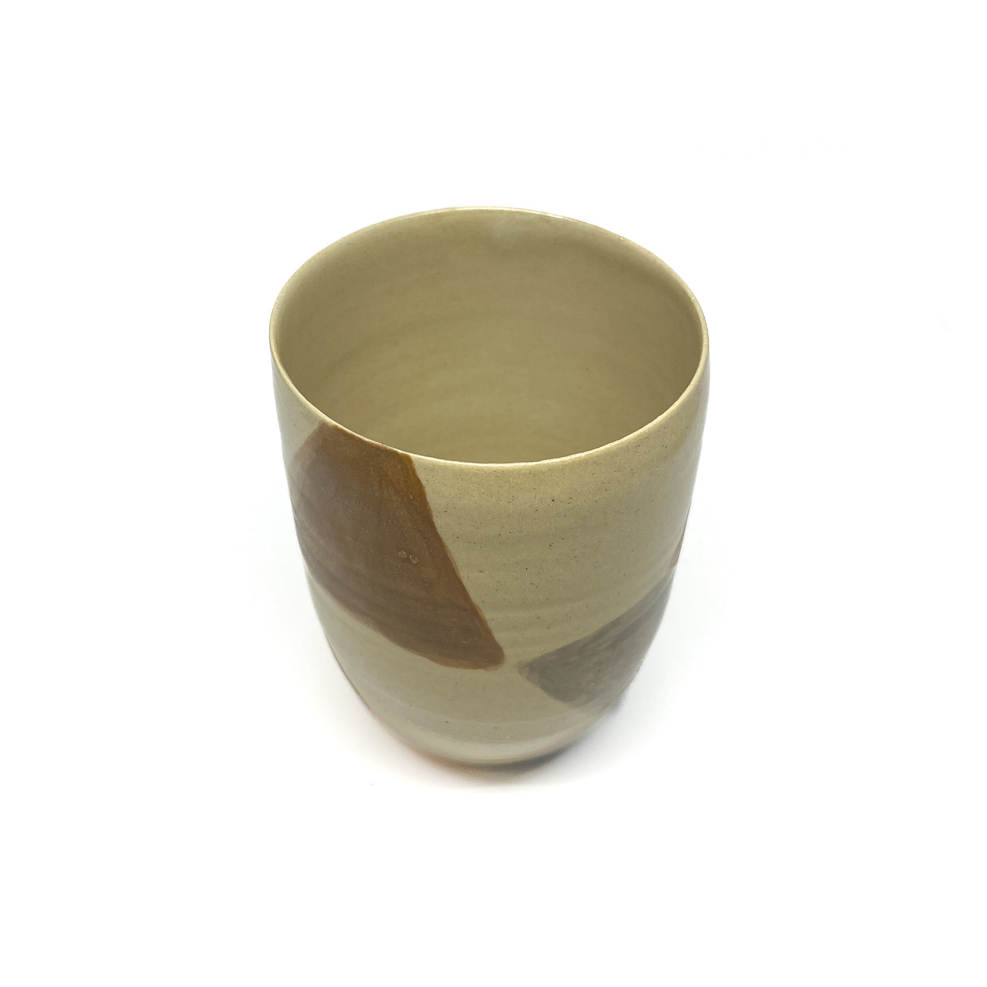 Top view of a vase showing its unglazed interior and naturally fired, earthy-toned patterns.