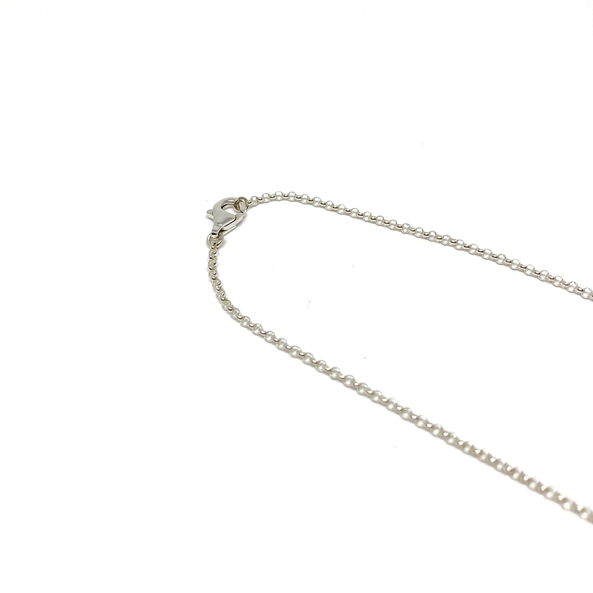 A close-up of a delicate silver chain necklace with a lobster claw clasp.