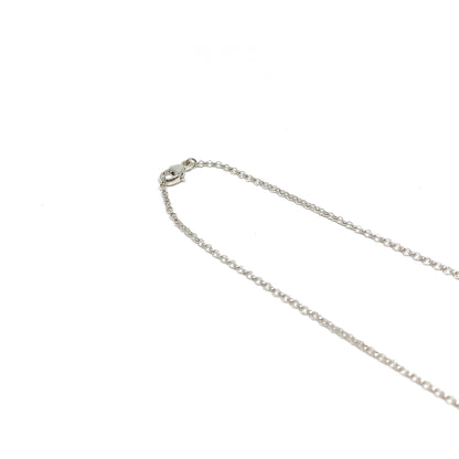 A close-up of a fine silver chain necklace with a small lobster clasp at the top left.